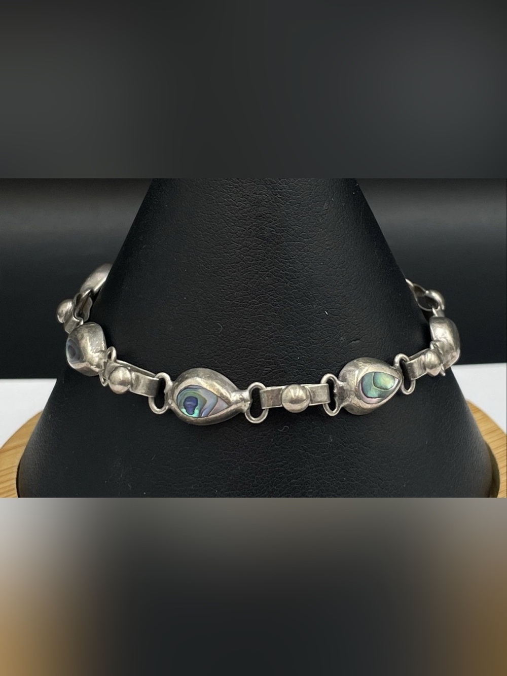 Vintage Mexican Sterling Silver Abalone Link Bracelet 95% Pure 16.6g 6.75"